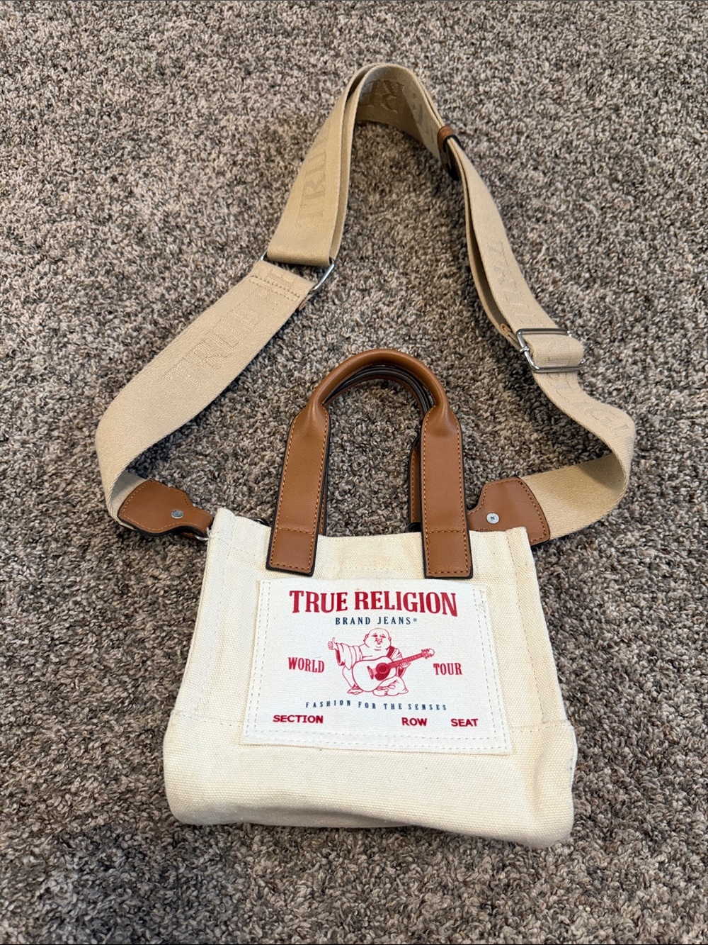 True Religion Cream Mini Canvas Messenger Tote Crossbody with Brown Handles